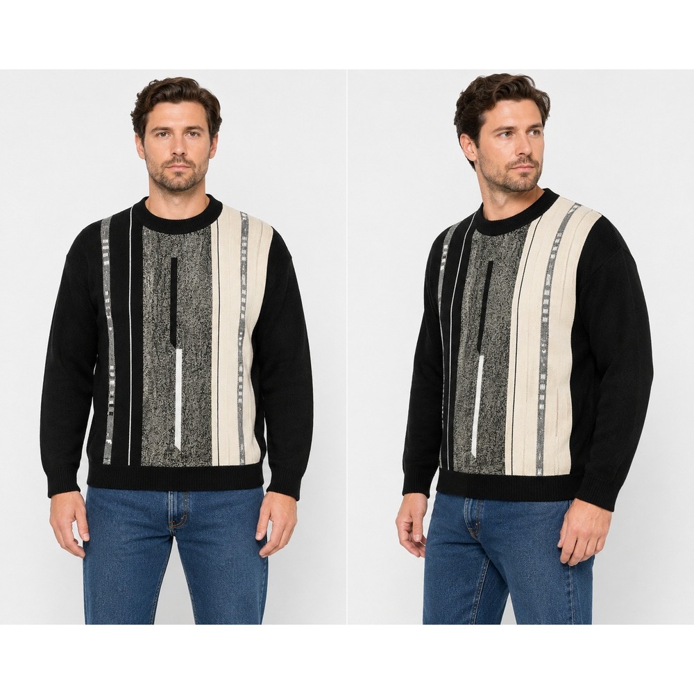 A. Adams & Spire Mens XL Colorblock Vertical Stripe Crewneck Sweater Black Cream